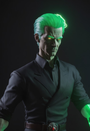 melhor qualidade, Ultra resolution, corpo inteiro, fundo detalhado, realista, 8k, A man in a black shirt and blue pants holding a green light, Joe Biden como um personagem JoJo, Retrato completo de Electromancer, Personagem de anime, Anime Ciborgue, joe biden as an anime villain, alien robot luffy, Um homem com ecudo de energia, Cyborg's right arm and legs, Melhor Design de Personagens de quadrinhos, em meio a uma cidade destruida.