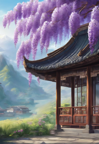 Valley Rain?Traditional Chinese solar terms?(((Wisteria flowers)))?National style?Ink wind?solid color backdrop?(((cuckoo)))Stand on a flower branch?Landscape view?Don't be characterized?Don't be characterized,Don't build