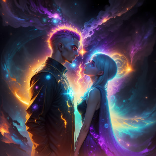 couple, man and woman, looking forward, boreal aureole, psychedelia, bluish tones, dark, galaxies, ufo, psychedelics, ((best quality)), ((masterpiece)), ((realistic)), There is a couple who are together, Fantasy Art Style, Fantasy Art Style, close-up, bright colored swirls of light in the sky above a couple, bright colored swirls of light in the sky above a couple, colorful glow,  4k, color hd image, vivid bright colors, professional photography of, neonlight, magic, mage, flame, burn, blue and purple, magical environment, hyper detailed, 64k, illumination, celestial, divinity, light particles, halo, looking at the viewer, (bioluminescent: 0.95) flame, bioluminescence, phoenix, vibrant, colorful, color, (brightness, brightness), (beautiful composition), cinematic lights, intricate, (symmetry: 0.5), alien planet