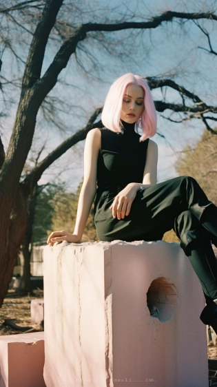 black metal inspired pastel goth with a focus on pale pink sitting on a tombstone, intense direct sunlight is hitting her face from the side::4. 5, kodak portra 800::3 --ar 9:16 --v 5. 1 --no eyebrows::3