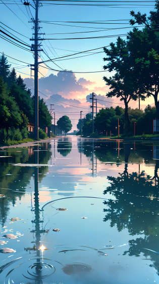 There is a street lamp reflected in the water, Reflective puddle, marvellous reflection of the sky, The reflection of rainwater on the ground, Wet puddle reflection, sitting in a reflective pool, reflection in water, Reflection in the water, Water reflection on wet streets, sitting on a reflective pool, day after raining, beautiful rtx reflections, reflections on the water?The character JK Girl stepped forward?There is a reflection of a maiden on the water