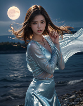 (beautiful model as Diao Chan in Chinese epic drama, beautiful Long hair), solo, ((face is 80% beauty and elegance, 20% pretty and cute:1.5)), (Her roots are in Eastern Europe and Asia), clear eyes, (detailed eyes, light brown eyes, bright pupils), Double Eyelids, (sexy lips with a little thickness:1.2), super detailed and incredibly high resolution shiny silver water sleeve costume, Highly Detailed Face Texture, (radiating confidence:1.25), striking body shape, curvy and very attractive woman, (pose emphasizing body shape:1.4), high-resolution RAW color photo pro photo, BREAK ultra high-resolution skin textures, High-res body rendering, big eyes, unparalleled masterpiece, incredible high resolution, super detailed, shiny skin, skin dantation, seductive gaze, stunning ceramic skin, BREAK Costume is (elaborate and gorgeous Chinese classical dance shiny silver water sleeve costume:1.5) and ((See-through shiny silver long skirts that dance in the wind:1.5)), (The main color is shiny silver:1.5), (Classical Chinese dance costumes with elaborate and graceful decorations:1.5), (The necklaces and bangles that shine in lapis lazuli, and the edges of the costumes also shine in lapis lazuli), (Dancing under the moonlight on a slightly snowy night:1.5), BREAK ((Costume fluttering and fluttering by right rotational movement:1.5)), ((Hair flows in a right-handed rotary motion:1.5)), BREAK ((Best Quality, 8k)), Crisp Focus:1.2, (Layer Cut, Big:1.2), (Beautiful Woman with Perfect Figure:1.4), (Beautifully shaped breasts:1.3), Slender Abs?Wet Body:1.5, (Correct hand shape:1.5), (NSFW:0.5)