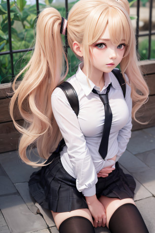 akizuki airi. oni chichi, masterpiece, best quality, super detailed, illustration, flat color, depth of field, 

1 girl, young, anime, park, fell on her butt, trying to get up, blonde, twintails, red pleated mini skirt, wet white button-down shirt, school uniform, serafuku, blue tie, no bra, black tights, small backpack, detailed leather texture, detailed fabric texture, beautiful detailed face, big breasts, blue eyes, pregnant, tired, pink panties, translucent, resentful