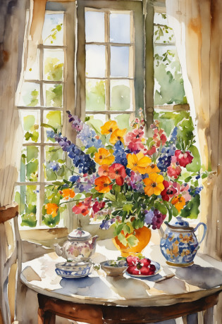 a close up of a table with a vase of flowers on it, delightful surroundings, with a french garden, house kitchen on a sunny day, french village interior, by Bernard D�Andrea, bright window lit kitchen, architectural digest, homes and garden magazine, homes and gardens, architectural digest photo, summer morning light, with flowers and plants, vignette
