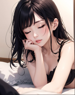 Asian woman in alafe lying on bed with eyes closed, lyin in bed, lovely languid princess, laying on back in bed, sitting on a bed, Sitting on the bed, Posing in bed, sitting on her bed, she is laying on her back, lyin in bed, young and cute girl, pretty face with arms and legs?pantie shot?(Black See-Through:1.3)?