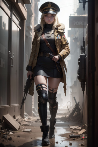 Destroyed towns,3 Ukrainian girls , Ukrainian anime girls , , Ukraine ,  Full body composition of young girl with messy bright blonde hair, eye make up, 13 year old,  Soft lighting, Solo, Old torn dirty shabby futuristic military uniform, badges, Pose, Blotch color, Octane Render, Hyperrealistic intricate detail, Cinematic, 8K resolution, 70mm, Accent Lighting, Global Illumination, Full body portrait, clean detailed faces, intricate clothing, Cute face, flat chest, Slim waist, Slim legs, small hips,Major's uniform,Major's hat,Holding a handgun,Long jacket,Carrying a cloak,actionpose,Fancy Action,