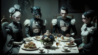 three people dressed in costumes sit at a table with plates of food, natalie shau tom bagshaw, dressed in crustpunk clothing, roger deakin � s cinematography, undead soldiers in background, avoid symmetry, gentlemens dinner, dressed in expensive clothes, dressed with long fluent clothes --auto --s2
