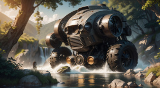 maximum quality, photorealism, 8k, film, high resolution, outdoor, top view, lighting with sunny afternoon, (sunny afternoon: 1.2), southeast pacific, (high lighting: 1.2), gigantic aged metal robot, weapons, parts, gears, water, moisture, leaning against a plain, covered with plants and trees, (flying birds:1.2), waterfalls, streams, stones on the riverside, metal with rustic texture,  man on his back on a motorcycle, masterpiece, maximum quality, (afternoon:1.4), sunny afternoon, before sunset, general plan, light depth of field, lomography, maximum quality, gorgeous, masterpiece, photorealism, 8k, realistic texture of high resolution, grain of film, Photographed on a Canon EOS-1D X Mark III, 36mm lens, F/1.8, sharp focus