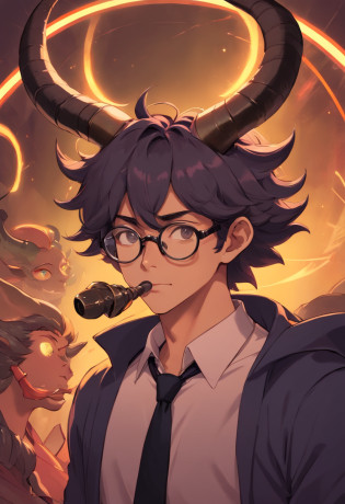 Please make a black Tiefling man with big horns, musculoso, 2,37metros de altura, wearing a futuristic glasses, jaleco branco, corpo inteiro, com cabelos enrolados e crespos pretos