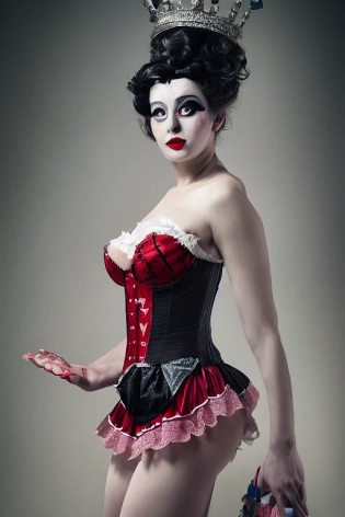 female dressed as Queen of Hearts, alice in wonderland, lingerie, (full body visible), looking at viewer, portrait, photography, detailed skin, realistic, photo-realistic, 8k, highly detailed, full length frame, High detail RAW color art, piercing, diffused soft lighting, shallow depth of field, sharp focus, hyperrealism, cinematic lighting