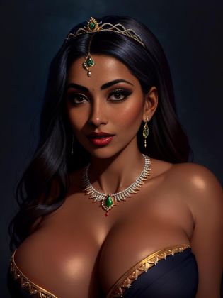 thepit bimbo, thepit style, glossy sexy bimbo, (((huge breasts))), (((beautiful indian woman, mature woman, black skin, royal palace, arabic palace))), long straight black hair, high cheekbones, sculpted face, perfect silicone tits, ((big red lips)), stunning bright blue embroidered transparent silk negligee, sexy, mysterious smile, seductive smile, masterpiece, high quality, 4k, beautiful design, extremely detailed, amazing, fine detail, absurdres, highly detailed woman, extremely detailed eyes and face, by lee jeffries, dark studio, rim lighting, two tone lighting, dimly lit, low key, (((very dark))), stunning mature indian woman with long black hair wearing a bright blue silk negligee and necklace studded with sapphires, intricate tiara studded with emeralds and diamonds, wearing expensive jewelry, (large necklace:1.25) <lora:epiNoiseoffset_v2:2>