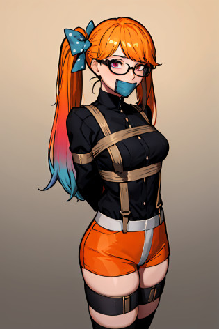 (absurdres, 8k, 4k, masterpiece, hyper extreme detailed:1.2), solo, 1girl, front view portrait, best quality, expressive eyes, perfect face, 1girl, portrait, titan, very long hair, twintails, polka dot bow, orange gradient hair, stockings, pale, adult, short, fun, happy, funny, comedic, smile, looking at viewer, dot pupils, gradient hair, blue gradient, purple gradient, orange gradient, smirk, floating, glasses, orange stockings with white stripes, adult, mature, petite, nighttime, graphic t-shirt, black shirt, exposed shoulder, standing, mature female, adult, half body,, bondage, gagged, gag, (arms behind back:1.4), bondage, tape gag, tape, duct tape, covered mouth, mouth covered, suspended, chest harness, tied_breasts, ropes, rope, tied, over_the_mouth_gag, otm, otn, over_the_nose_gag, standing by wooden pole, shibari, graphic t-shirt, crotch_rope, crotchrope,