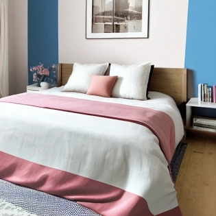 high resolution photography interior design, frontal view, queen size bed with white beddings neatly made, large rectangle south korean flag on the wall, high ceiling, beige blue salmon pastel palette, interior design magazine, cozy atmosphere