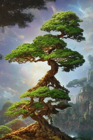 highly detailed, stunning image of a heavenly bonsai tree, stunning tree, ethereal, fairy lights, fireflies everywhere, divine bonsai, matte painting by Jordan Grimmer and Noah Bradley �h 448