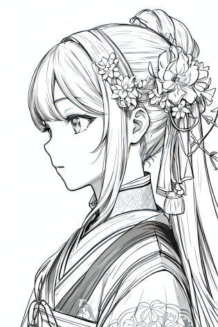 masterpiece, acura, doll, solo, hanfu, long hair, profile close-up, flower line drawing background, white background, monochrome, line drawing, ((sketch))
