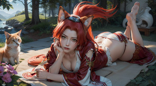 Imagem impressionante de alta qualidade sobre (Kitsune), Girl with white mask and red hair, with kitsune mask, kitsune mask on head, uma bela raposa senhora, kitsune mask, uma bela mulher Kitsune, Kitsune, Raposa de cabelos brancos, wearing a Kitsune mask, gato anime bonito a bela raposa-vermelha humana da mitologia japonesa, hyper realistic, hiper detalhado, Hyper res, master part, raposa de nove caudas, arte detalhada Onmyoji, nove caudas, beautiful fine art illustration, mythological creature, raposa, bela arte digital, exquisite digital illustrations, Mizutsune, inspired by mythical creatures