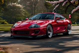 Ultra realistic image,8k a red supra, bright with bodykit,parked amid cherry blossoms,