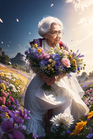 (Masterpiece and highly detailed:1. 2), close up shot, upper body, centered, Instagram able, dynamic pose, (1grandma:1. 5), bouquet of flower, wedding dress, Felled flowers, ultra realistic, professional, (Flower field background), (epic proportion, epic composition), Photography, studio lighting, Depth of field, Raw photo,