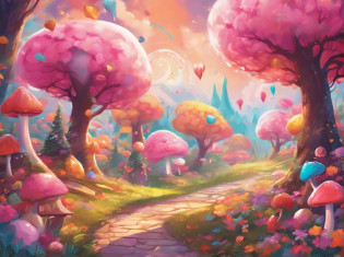 best quality,4k,8k,highres,masterpiece:1.2,ultra-detailed,realistic:1.37,pink candy forest,dreamy,enchanted,magical,whimsical,fairy tale,happiness,sweetness,fantasy,playful,girl in a pink dress,floating cotton candy clouds,chocolate trees with candy leaves,multi-colored lollipops growing on the ground,glistening sugar crystals,sprinkles falling from the sky,magical unicorns gathering near a chocolate waterfall,giant gumdrop mushrooms,sparkling candy canes lining the path,sweet aroma filling the air,soft pastel colors,glowing sunlight filtering through the candy canopy,joyful laughter of children,delightful surprises around each corner,delicious treats everywhere,feeling like stepping into a whimsical dreamland,carefree and full of wonder,bringing out the inner child,sugar rush of happiness,endless exploration and adventure,memories of childhood innocence,unforgettable experience of pure joy.