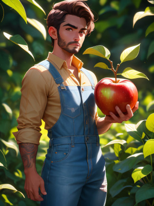 ((Agricultor Masculino no Campo)), Sem Fundo, stylization, 3D-rendering, octan render, 3D, Smiley, Pose, Disney-Pixar, Fundo Branco, animation masterpiece, Melhor Qualidade, ((Fotorrealista: 1.4)) Obra-prima, illustration, Muito delicado e bonito, CG altamente detalhado, papel de parede 8k, Awesome, detalhes finos, Altamente detalhado CG Unity 8k papel de parede, tamanho de arquivo enorme, super detalhe, ultra high-resolution, alta resolu��o, altamente detalhado,  (((olhos e rosto masculinos altamente detalhados)), belos olhos masculinos detalhados, rosto altamente detalhado, perfect  lighting, luz facial, cores naturais-AR 1:1 holding an apple