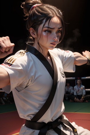 Na imagem, A full-body taekwondo fighter stands out in a dynamic pose that conveys strength and determination. O pano de fundo cores moderna onde o lutador aparece de corpo inteiro, illuminated by a soft light that enhances the details of the fighter and creates an environment of focus and intensity. O lutador veste um dobok, o uniforme tradicional do taekwondo, with a black necklace that symbolizes a high level of mastery in the martial art. The dobok is white and impeccably clean, emphasizing the purity and discipline of taekwondo practice. The sleeves and pants of the dobok have a modern and elegant cut, allowing fluid and fast movements. The wrestler's black belt is carefully tied at the waist, indicando seu status como um mestre na arte do taekwondo. The sash is worn with pride and reverence, representing years of dedication, Hard training and enhanced skill acquisition. The fighter is in a position of readiness, with feet shoulder-width apart and knees slightly bent. The fists are clenched and close to the body, prontos para desferir poderosos chutes e socos a qualquer momento. The fighter's gaze is fixed and concentrated, reflecting the focused mindset needed to meet any challenge. Your body is positioned sharply, with visible muscles under the skin of the dobok, highlighting your fitness and strength. The wrestler's hair is pulled back in a bun, mantendo-o afastado do rosto e dos olhos, allowing a clear view of your opponents. The pose chosen for the poster captures the moment leading up to the action, when the fighter is about to initiate an explosive move. This visual representation conveys the essence of taekwondo: a unique combination of technical skill, mental control and physical agility. A legenda do cartaz pode ser algo como 