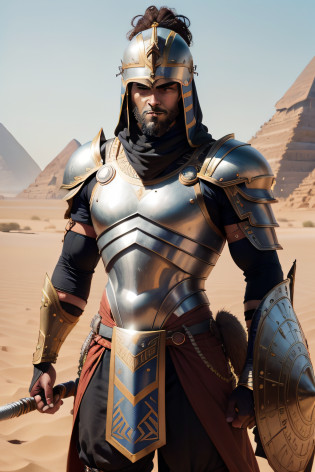 Na cena retratada, An Egyptian warrior is dressed elegantly in his armor, exibindo seu poder e coragem. Her skin is brown, evidencing its origin and connection to Egypt's warm climate. Ele aparenta ter cerca de 40 anos, an age that brings with it experience and wisdom.

The warrior is dressed in imposing armor, feita de metal resistente e adornada com detalhes intricados. A armadura cobre seu peito, costas e ombros, Protecting you from potential attacks. In your head, ele usa um capacete, que pode ter penas ou outros ornamentos, denoting its prominent position.

Your face is friendly, refletindo uma personalidade acolhedora e gentil. Despite his warrior appearance, His eyes convey kindness and compassion. Ele possui uma barba bem cuidada que adiciona um toque de maturidade ao seu visual.

Ao seu lado, There may be a shield and a spear, simbolizando sua habilidade em combate. His muscular body and upright posture demonstrate strength and discipline.

The surrounding scenery may be an Egyptian landscape, with the desert in the background or even a battle scene, highlighting the role and importance of the warrior in the defense of his people.

This depiction seeks to portray an elegantly dressed Egyptian warrior in his armor, transmitindo seu poder e coragem. Sua pele morena, Friendly face and determined posture show a balance between strength and gentleness. The surrounding scenery complements the story, situating the warrior in his historical and cultural context.