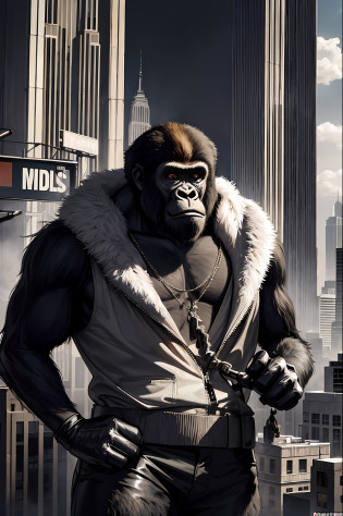 masterpiece, best quality, realistic , fashion monkey, gorilla, King Kong, standing in the empire state building holding beloved woman against dozens of helicopters, blur, book, cable, cyberpunk, gloves, infrared cover, holding, hood, solo,
