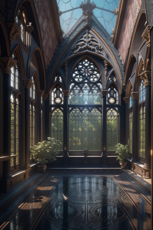 Front view of Arafed Room with a pool and a large window overlooking an orchard, Gothic interior, Gothic Revival, Gothic building style, Inspiring Gothic architecture, Gothic Mansion, Gothic mansion bedroom, Gothic aesthetic, Gothic style, exquisite architecture, Influence gothic, gothic architecture, neo-gothic concept, inside epic gothic mansion, sinister gothic aesthetic, black windows, many large windows, stunning gothic architecture. Symmetry. Natural light, cinematics, global lighting. Canon EO 6 50mm prime lens, ISO 200, f/1.8. Masterpiece, best quality, sharp focus, intricate, ultra-detailed, photorealistic. cel shading, octane rendering, uhd, dslr, 32k post processing