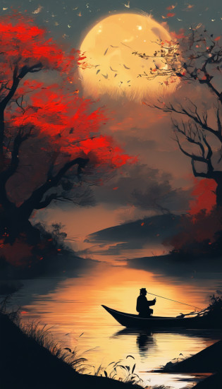 A thousand birds fly?Ten thousand paths disappeared?Lonely boats?Fishing alone in the cold river snow? ??Translation? You don't see a single bird in the mountains?The tracks of thousands of people were cut off?On the lonely boat is an old man in a cloak?Fishing alone against the wind and snow???A small boat on the water???An old man sits in a small boat fishing??Inspired by the creators??Jiang Xue?Yanagi Zongyuan?Ray??light and shadow effect?,?vivd colour?,?Color splattering?,?Obvious layers?,?Ink painting style:1.2?,?Photography Award?,?8k�wallpaper?,?Masterpiece?,?best qualtiy?,?There is a full moon in the night sky???Moonlight sprinkles on the water??Autumn tones?There was a wind blowing??Side lighting ???cinema4d???Movie lighting???Depth of field effect???Unreal 5???tmasterpiece???8K?????photorealestic?realisticlying