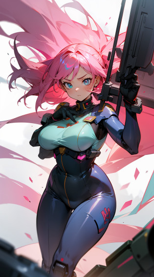 ((Mecha Girl)), ((Mecha Girl)) (Robot Mecha), (Plump Body), (Tight Leather Suit), (Larger Breasts), In a battlefield full of war and chaos, Mecha Girl 1 stands majestically. She wears a black leather jacket to show her sexiness and confidence. The leather jacket fits her plump figure, highlighting her femininity and strength.

Mecha Girl 1's hair was a gorgeous sea of pink, falling on her shoulders like silk. The hair gently flutters in the wind of battle, exuding a charming sheen. Every strand of her hair exudes her vitality and courage.

Her pupils are a pair of turquoise gemstones that reveal a glow of wisdom and determination. In the fierce atmosphere of the battle, her pupils flashed with calmness and determination, showing her combat experience and keen insight.

The mech shell of Mecha Girl 1 is a bright pink, smooth and shiny. Under the sunlight, the mecha shell emitted a dazzling light, like a shining rainbow. The curved design of the mecha shell highlights the grace and strength of her body, highlighting her majesty and delicate as a combatant.

The light from the battlefield shines through the smoke, casting a brilliant color that reflects on the body of Mecha Girl 1. Her eyes revealed firmness and determination, and the corners of her mouth rose slightly, exuding confidence and heroism. She holds a pink blade with a faint glow on the blade, symbolizing hope and victory.

In the battle scene, Mecha Girl 1 quickly shuttles between enemies, her mech shell emitting a faint pink glow, which blends with the fire of the battlefield. Her movements are elegant and sharp, and with every swing she carries power and speed to knock enemies to the ground.

The whole scene is full of tense atmosphere and dynamic visuals. Mecha Girl 1's hair color and pupil color contrast sharply with her mech shell
