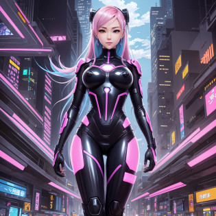 closeup, 1 girl, alone, (((full body))), wide view, [dark blue and pink hair: blue and pink hair:0.2], cyberpunk, high tech, V, mechanical parts, looking at audience, black eyes, long hair, luminous laser female super tech jumpsuit, cyberpunk mechanical body parts, with tattoos, interior, luminous laser earrings. high contrast, night, black, [freckles:0.9], reflective transparent rainbow, long hair, glow skin, smile face, medium breasts, white skin most beautiful Korean woman's face, seductive expression, (relaxed pose: 1.5), eva, complex background, Sony a6300, thick ass, extremely beautiful and gorgeous anime illustration, with cinematic perspective(relaxed pose: 1. 5), eva, complex background, Sony a6300, extremely beautiful and gorgeous anime illustration with a cinematic perspective.