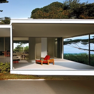hyper realistic eye level exterior photo of a mid century modern style house overlooking the ocean, daylight, indirect lighting, AD magazine, Frank Lloyd, Eames, Mies van der Rohe