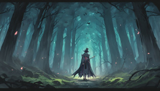 There is a magician in a forest with a full moon in the background, gothic forest, fundo escuro do castelo, Castlevania Inspirado, Dark forest scenery, Fundo sombrio da floresta, fundo da floresta, fundo escuro da floresta pastel, inside an epic gothic forest, Castlevania, gothic forest, Epic Forest, Castelv�nia, Dracula's Forest, Gothic forest in the background, fundo medieval da floresta, (Pixel Art)