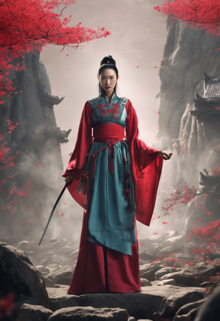 Image of Alavid holding a sword in front of a crowd of women in a red dress, xianxia fantasy, Wuxia, full-body wuxia, Hanfu, xianxia hero, inspired by Du Qiong, Chinese fantasy, three kingdom, palace, A girl in Hanfu, The crowd followed, hyper realisitc, chiaroscuro, cinematic lighting, UHD, ccurate, anatomically correct, textured skin, masterpiece, 4K