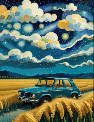 Painting of a car driving in a wheat field, Van Gogh style, Van Gogh Art style, Van Gogh style, James R. Eads, inspired by Van Gogh, Van Gogh style, inspired by Vincent di Destiny, inspired by Vincent van Gogh, inspired by Vincent Pepp, Vincent van Gogh style, Van Gogh starry night style, rich in color, deep blue sky