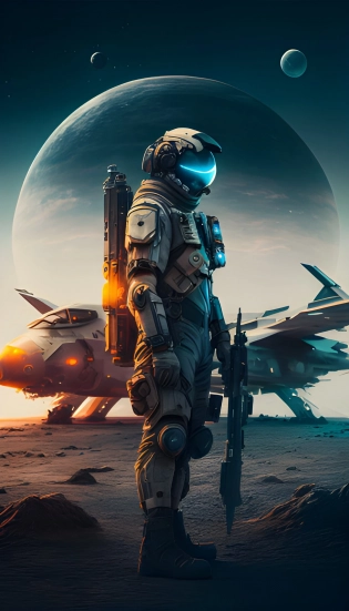 man, futuristic moon base security force, peacekeeper, wide angle, forged armor, futuristic weapon, energy rifle, cinematic, HDR, 8k, --q 2 --ar 9:16 --s 750