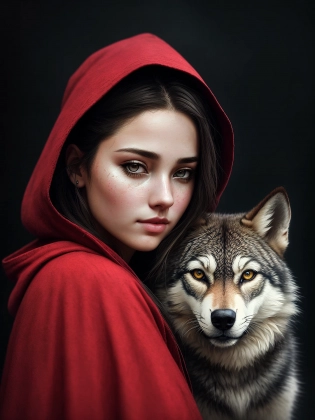 The Girl in the Red Cloak with the Wolf in the Dark Forest detailed digital painting, a photorealistic painting, art photography