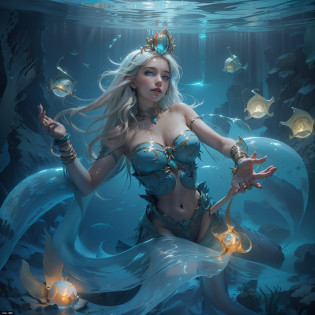 (Numerous award-winning masterpieces, with incredible detail, textures and maximum detail), (full body view:1.6), (hyper realistic:1.4), (realistic:1.3), (upper body up:0.4), (best quality real texture skin), (((in water))), (deep deep sea:1.5), (Dark sea at night:1.6), (finely detailed true circle Symmetrical eyes), finely detailed face, ((medieval world)), (full body view:1.6), ((mermaid)), ((mermaid princess)), ((mermaid nobility)), (burn brightly icy look in the eye), (She has a mischievous smile on her face), (Sunken ship with treasure:1.4), A temple Sunken in a coral reef, ancient Sunken city, Sunken temple, Sunken great cathedral, Sunken temple ruins, Sunken detached temple, Sunken Ruins of an ancient castle, Shining majestic water and light, coral reef, (Eyes that glow blue in the dark:1.5), (A pair of Ice-blue eyes with strong blue light emitting from within:1.5), (bio luminescence:1.5), (full body view:1.6), (Swirling water stream and tidal current in the background), (Dramatic Light), (A majestic sight), (Her countenance is gentle and beautiful), Glass earrings on the ears, (dramatic photo:1.4), ((dramatic pose)), (flamboyant photo), (golden hair), (silver hair), (chestnut hair), (full body view:1.6), ((looks up)), ((looking down)), (Around her neck is a simple necklace of exquisite workmanship), (Bio luminescence with a brilliant glow:1.3), (Use flashy Hydro magic:1.2), (beautiful fish in the surroundings), (Luminous magic circle:1.5), (full body view:1.6), epic realistic, faded, art, (Greg rutkowski:0.8), (teal and orange:0.4), (art station:1.5), cinematic, ((neutral colors)), (hdr:1.5), (muted colors:1.2), hyper detailed, dramatic light, (intricate details:1.1), complex background,