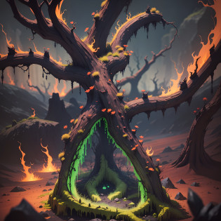 8k, strange plants, a demon territory, in hell, only the reflection of lava and flames that emit a faint glow, let me see the surroundings clearly, the air is full of sulfur and poisonous gas, making it difficult to breathe, twisted trees around, these trees are not like the trees you usually see, their branches and trunks twist into strange shapes, exuding a toxic and evil aura, the first time I saw such trees, plants infected by dark energy, the grass is not green, It is black and red, these meadows are covered with twisted, deformed plants and strange flowers, they have sharp barbs, these plants and grasses remind me of a demon botanical garden that does not exist on earth, surrounded by some ghosts and demons, terrible roars, groans, cries, this is a dark place without any life and light, only pain, horror and demons, in this hell no life and plants should exist, But in this scene, there are some twisted, mutated plants, big scenes, magnificent environmental descriptions, clear details,
