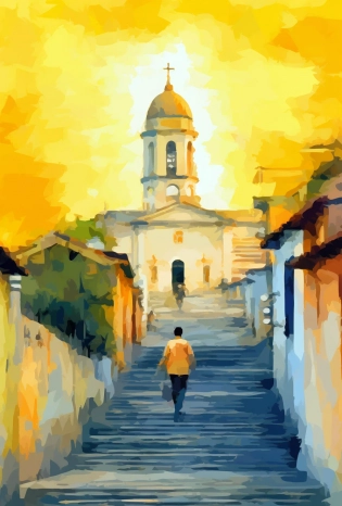 a person is walking down a street with stairs and a church with a yellow roof, in the style of exotic flora and fauna, hispanicore, light red and white, distinctive noses, claude monet, post-impressionism, dazzling cityscapes, #vfxfriday --ar 255:377