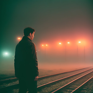 Hazy view of a man standing on the train tracks at night, (long exposure at night), foggy lights, lights through fog, sergey zabelin, subtle fog and mood lighting, dark lighting and heavy fog, foggy neon night, sergey krasovskiy, neon fog, foggy night, misty neon lights, alexey egorov, ((diffusion:1.4)), ((800iso, fuijifilm, expired film, rec709, ProRes, film grain, bleach bypass))