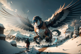 A colossal Roc of myth and legend, its golden plumage gleaming like fire in the rising sun, flies over a frozen mountain range. Its wings span the sky, creating gusts of wind that stir the snowflakes below. It carries a splintered ship mast in its formidable claws, a remnant of its latest hunt. On the ground, a solitary adventurer gazes in wonder and fear at the awe-inspiring creature that reigns supreme over the harsh and beautiful landscape.