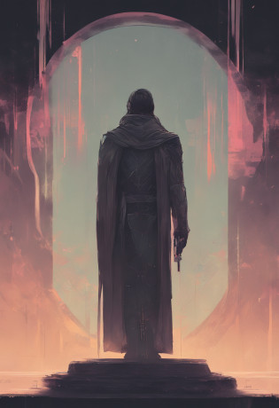 (best quality,highres,masterpiece:1.2),detailed figure,soft pastel palette,gently lit,oracle,assistant,Big Brother,standing,dark background
