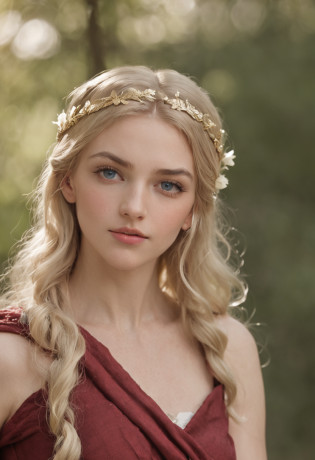 Young virgin greek goddess of wild nature and hunting, with (((Blonde hair))) And (((Blue eyes))), Amazingly beautiful, is fair-skinned, slender and tall, wears {sleeveless, (Very short: 1.7), (white:1.5), Greek chitons, With golden border}, Abs, 