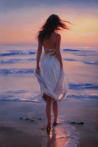 oil painting of gorgeous woman| walking on beach toward the ocean| arm extended backwards to grab| at sunset| hyperrealism| highly detailed| cinematic lighting| by Posuka Demizu and Agnes Cecile