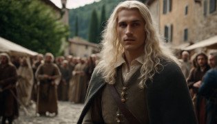 photo of a man about 19 years old, natural white long hair, walkin throught the italian village, with many people watching him, ultra sharp focus, photo realistic, medieval men's clothing, tetrahedral colors (scar:1,4)
