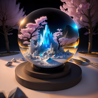 realistic photo of a large shining crystal stone, inside the crystal stone there is a mini galaxy, and this crystal stone has a gold base with marfin columns that extend to the top of the stone, the structure this part buried on a large anthill, around the anthill there are cherry blossoms,  scenery is the mountains in Japan with lights and magical particles in the air, photorealistic, 3D, 4k, HDR, ray tracing.