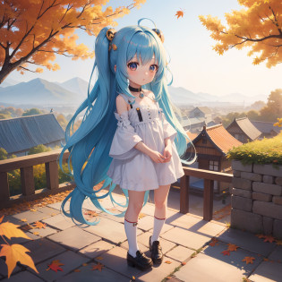 Chibichara?long hair with blue hair((Chibi Chara))?Fluffy?girl with?Chibi Chara?full body Esbian?Pastel colors hair?masutepiece?top-quality?Landscape of autumn leaves?Chestnuts and acorns
