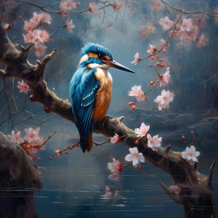 The best kingfisher approaches the budding white cherry blossoms on the branches, dark, dawn