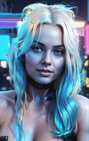 blond woman with blue hair and blue eyes posing for a picture, cyberpunk art ultrarealistic 8k, hyper-realistic cyberpunk style, cyberpunk style ? hyperrealistic, the cyberpunk girl portrait, cyberpunk portrait, realistic digital art 4k, realistic digital art 4 k, dreamy cyberpunk girl, cyberpunk digital painting, neon operator margot robbie, stunning digital illustration, beautiful digital artwork, margot robbie
